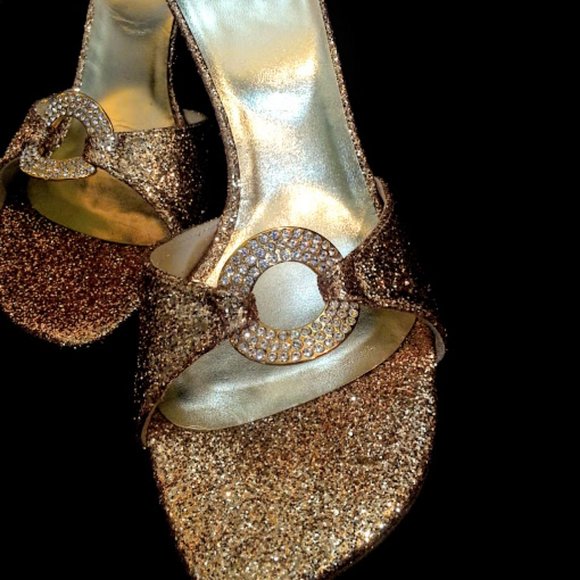 Stuart Weitzman x Swarovski rhinestone gold glitter 3.75" heel slide sandals sz7 - Picture 5 of 9